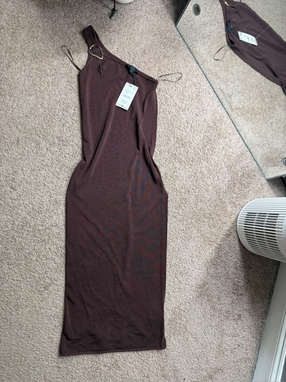 Zara One-Shoulder Chocolate Brown Midi Dress with Ring Detail nwt